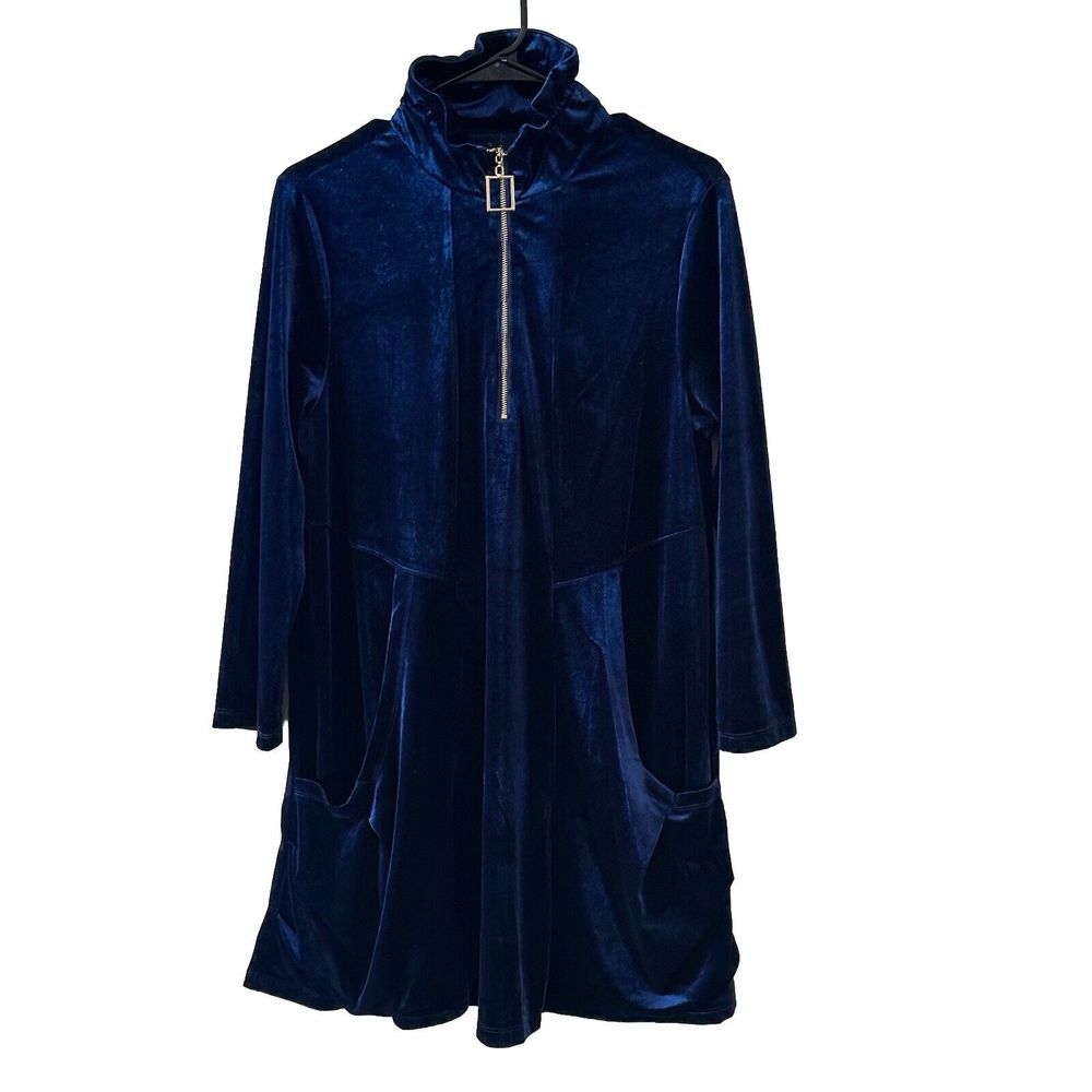Calessa Blue Velvet Tunic Top Turtleneck Quarter Zip Sweater Dress‎ Pockets Sz M